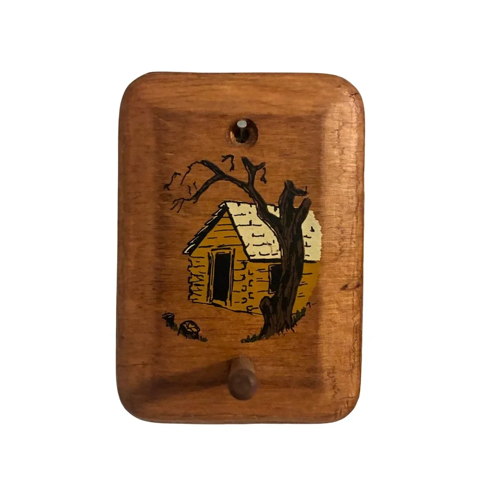 Vintage 1984 Hand Painted Wood Cabin Wall Hook Rustic Folk Art Signed